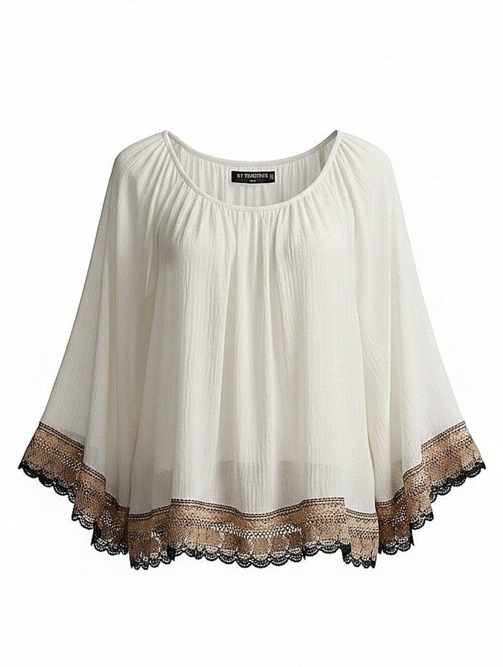 NEW! Boutique Off White Boho Blouse with Brown and Black Lace Hem